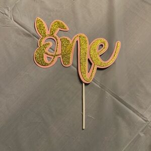 Glittery Gold and Pink 'One' Cake Topper Bunny Ears
